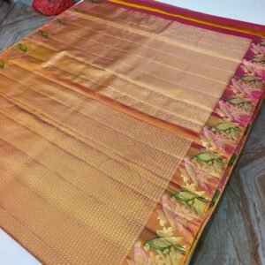 Golden Handloom Pure Silk Parrot Design Pattu Saree - Floral & Parrot Motif Pallu - full view