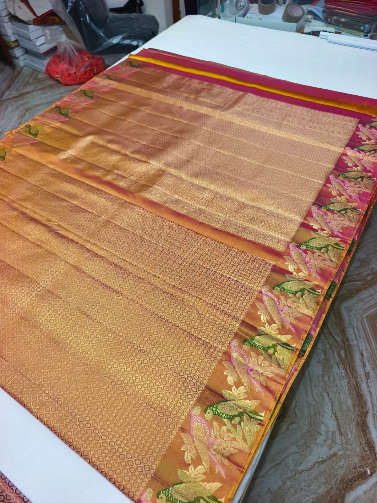 Golden Handloom Pure Silk Parrot Design Pattu Saree - Floral & Parrot Motif Pallu - full view