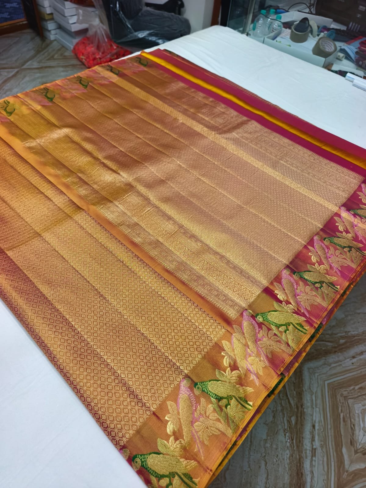 Golden Handloom Pure Silk Parrot Design Pattu Saree - Floral & Parrot Motif Pallu - detail view 2