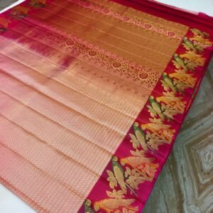 Peach Ombre Handloom Pure Silk Parrot Design Pattu Saree - Floral & Parrot Motif Pallu - full view