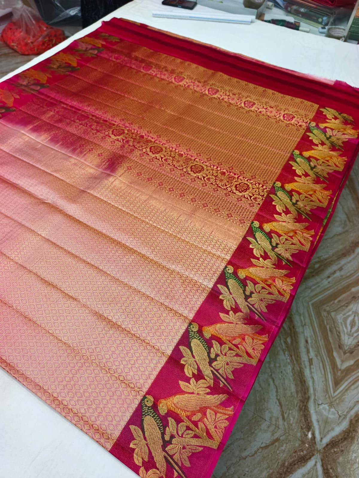 Peach Ombre Handloom Pure Silk Parrot Design Pattu Saree - Floral & Parrot Motif Pallu - full view