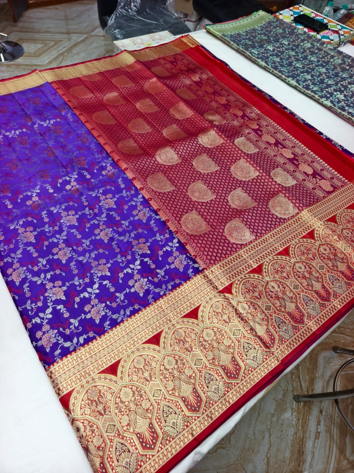 Blue Violet Meenakari Pattu Saree with Red Gold Temple Border - border detail