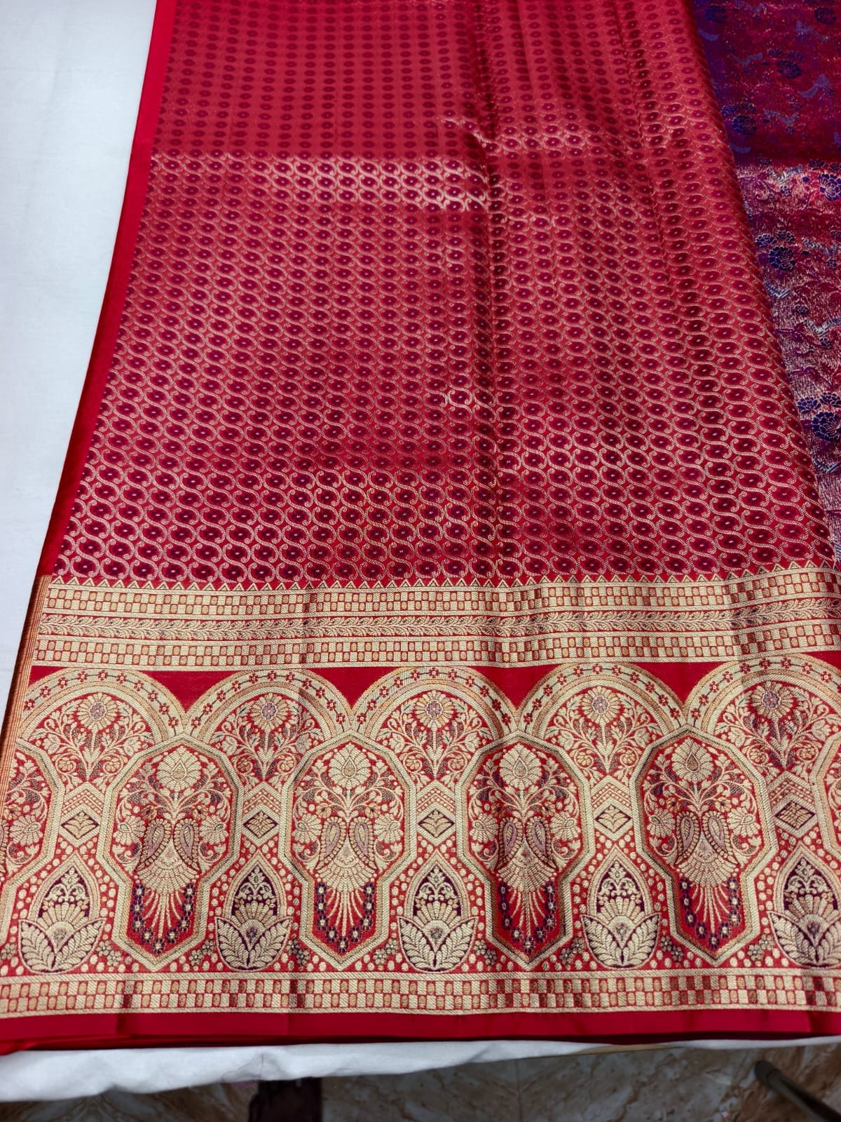 Blue Violet Meenakari Pattu Saree with Red Gold Temple Border - close-up view