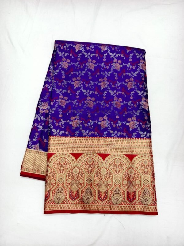 Blue Violet Dharmavaram Meenakari Pattu Saree with Red Gold Temple Border - full view