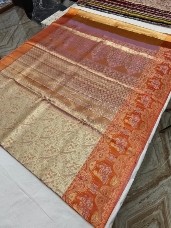 Copper Dharmavaram Meenakari Silk Saree with Orange Zari Pallu - full view
