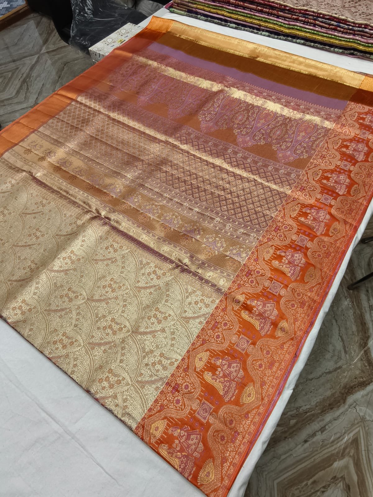 Copper Dharmavaram Meenakari Silk Saree with Orange Zari Pallu - full view