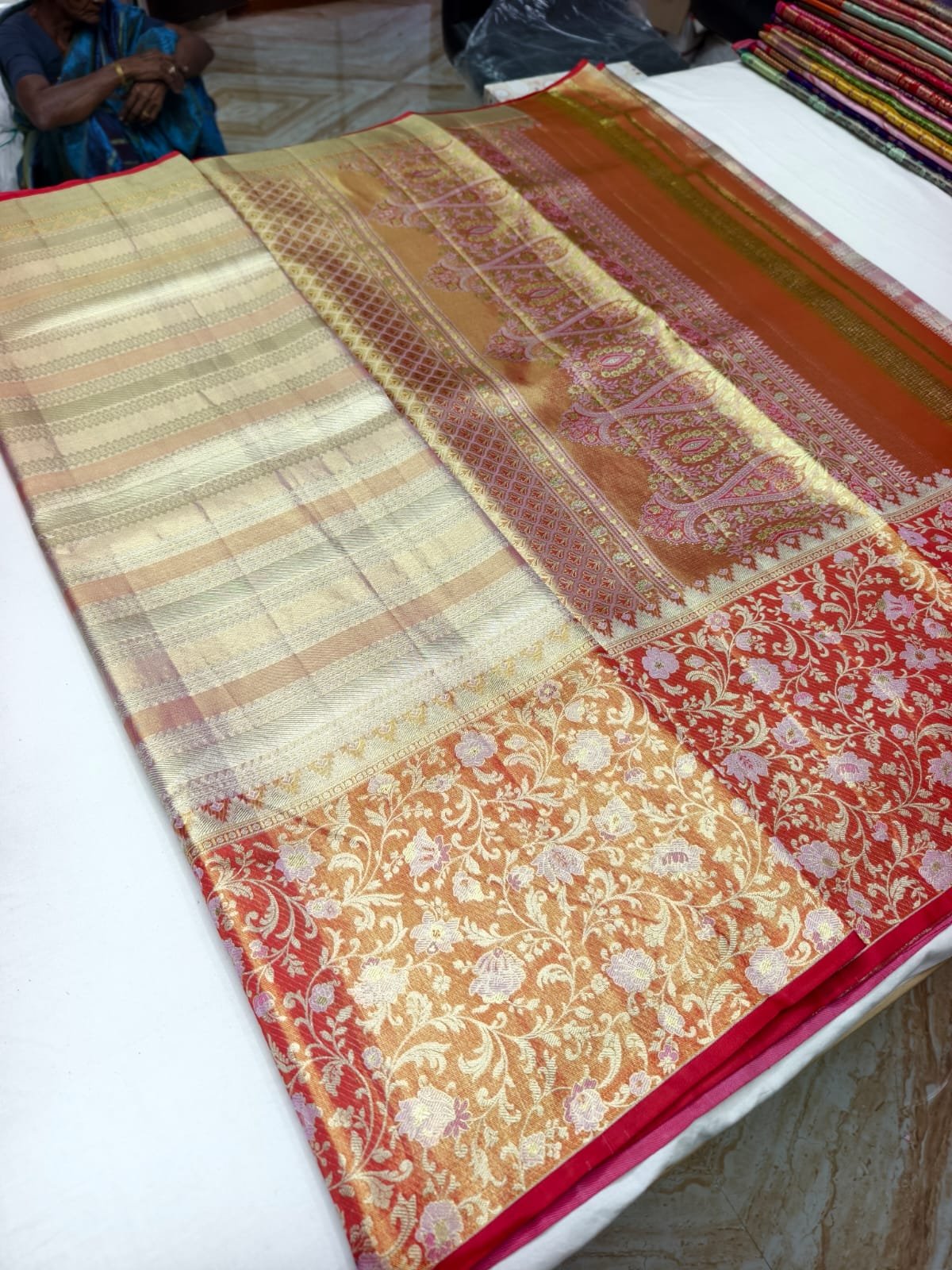 Cream Gold Meenakari Silk Saree with Orange Pallu - border detail