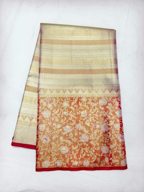 Cream Gold Dharmavaram Meenakari Silk Saree with Orange Pallu - full view