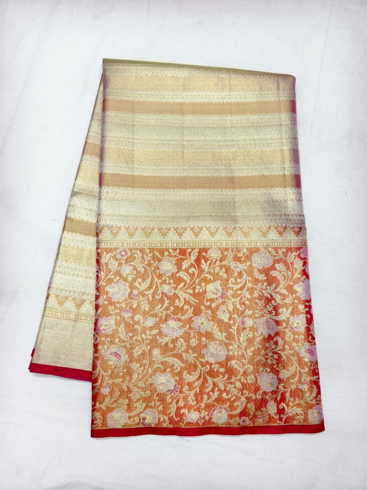 Cream Gold Dharmavaram Meenakari Silk Saree with Orange Pallu - full view