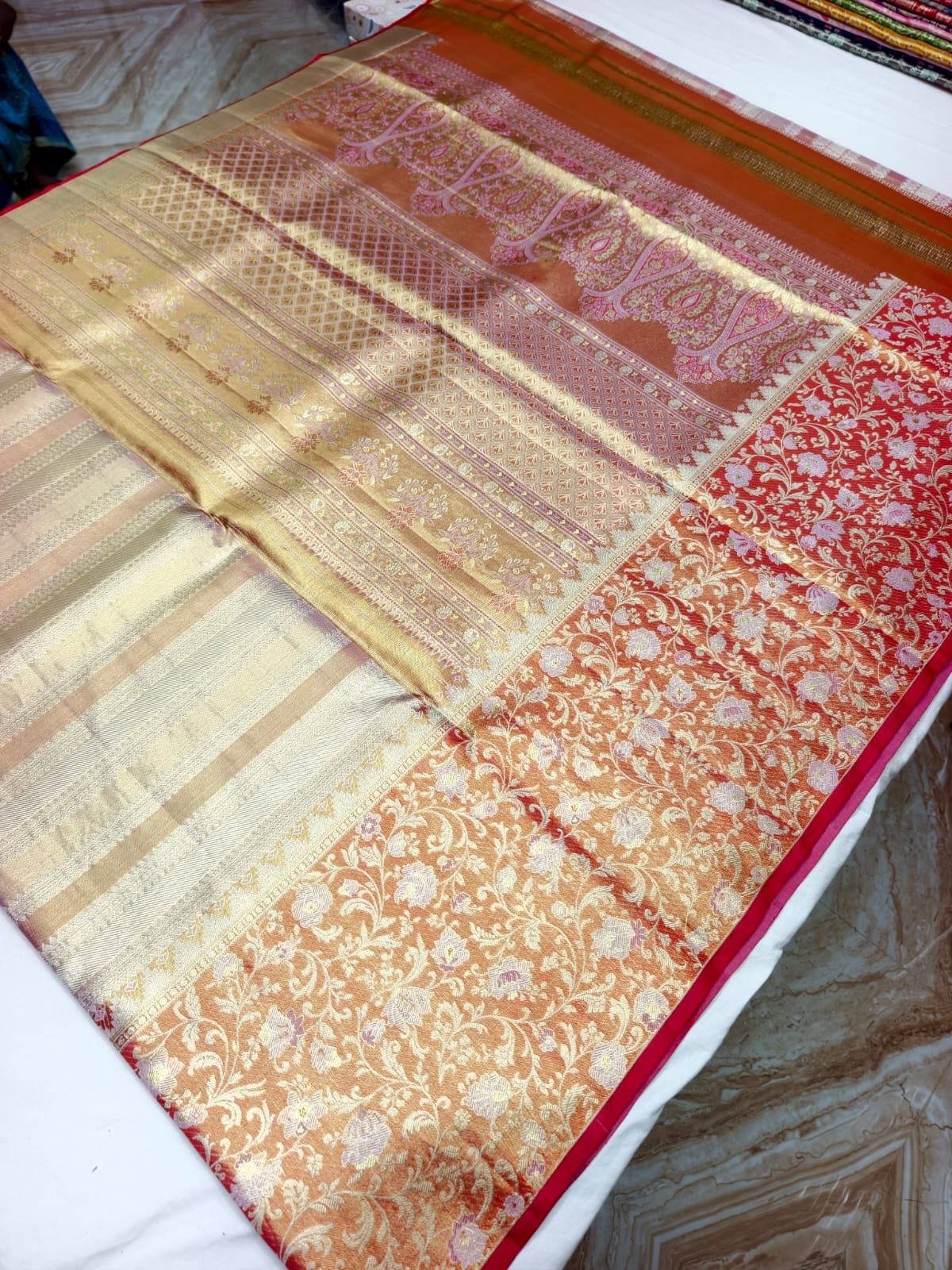 Cream Gold Meenakari Silk Saree with Orange Pallu - pallu detail