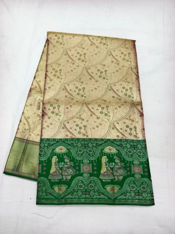 Cream Gold Dharmavaram Meenakari Silk Saree with Peacock Pallu - full view