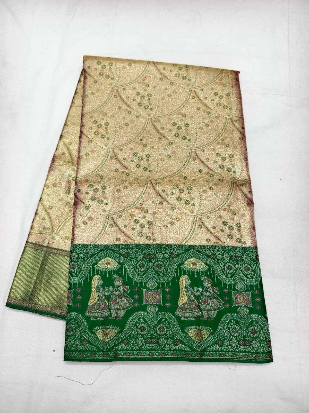 Cream Gold Dharmavaram Meenakari Silk Saree with Peacock Pallu - full view