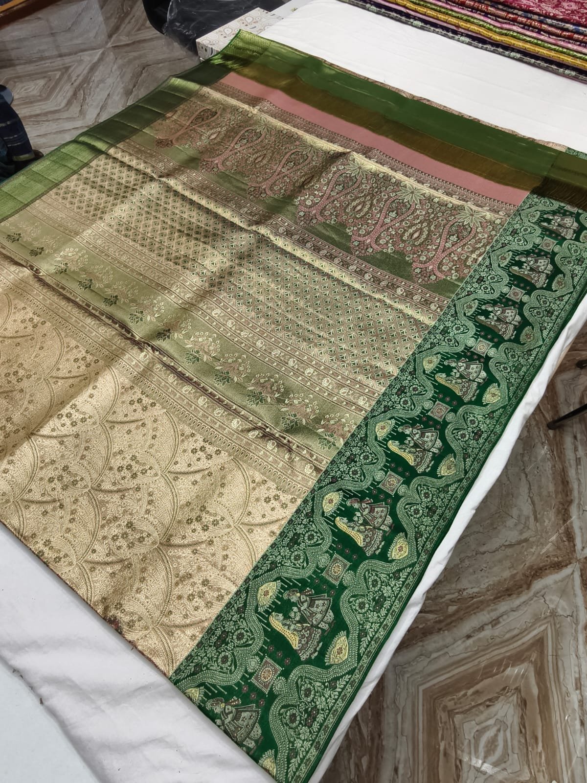 Cream Gold Meenakari Silk Saree with Peacock Pallu - pallu detail