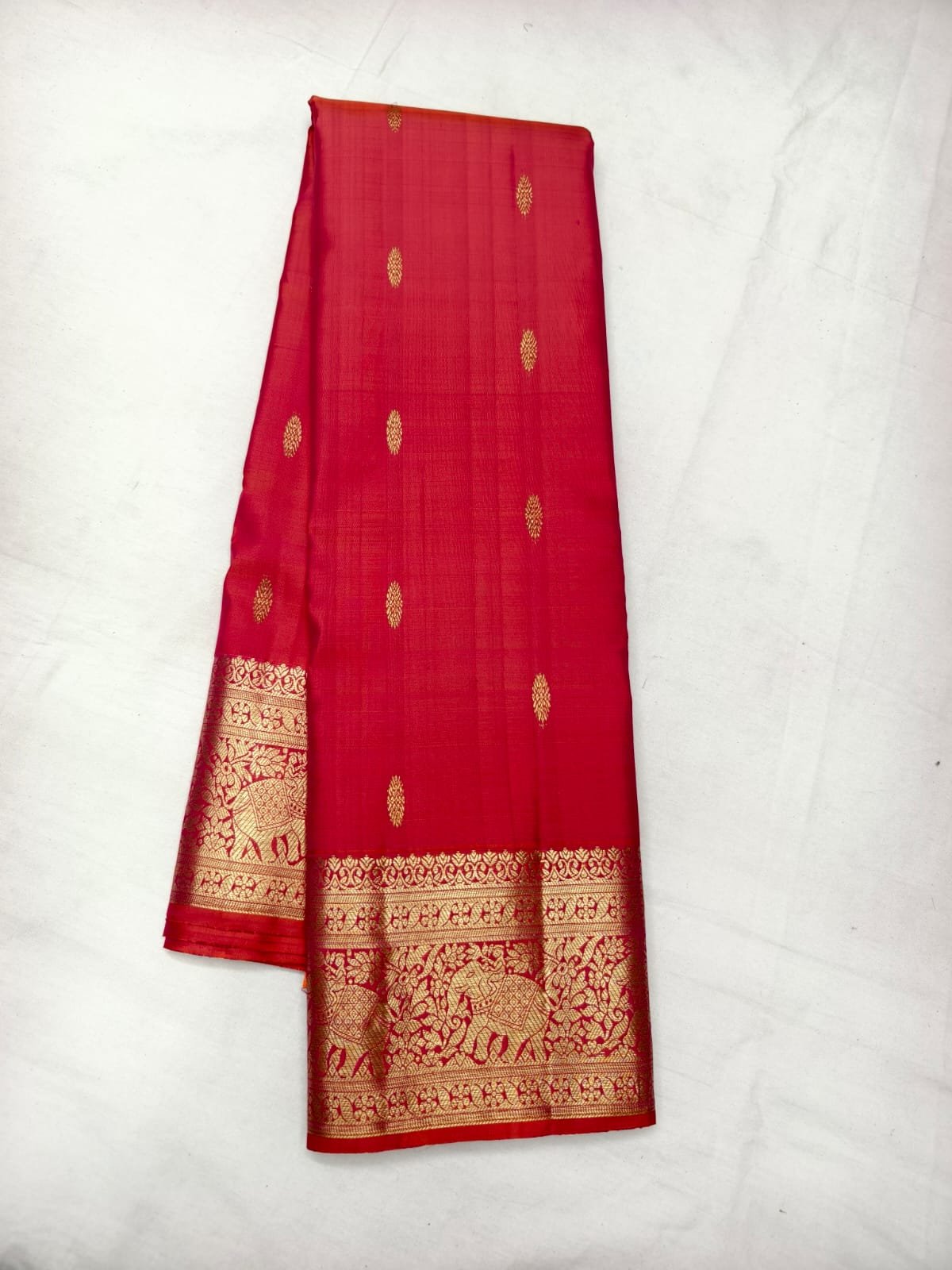 Deep Red Handloom Butta Saree - Floral Butta Motifs with Elephant Procession Border - detail view 2