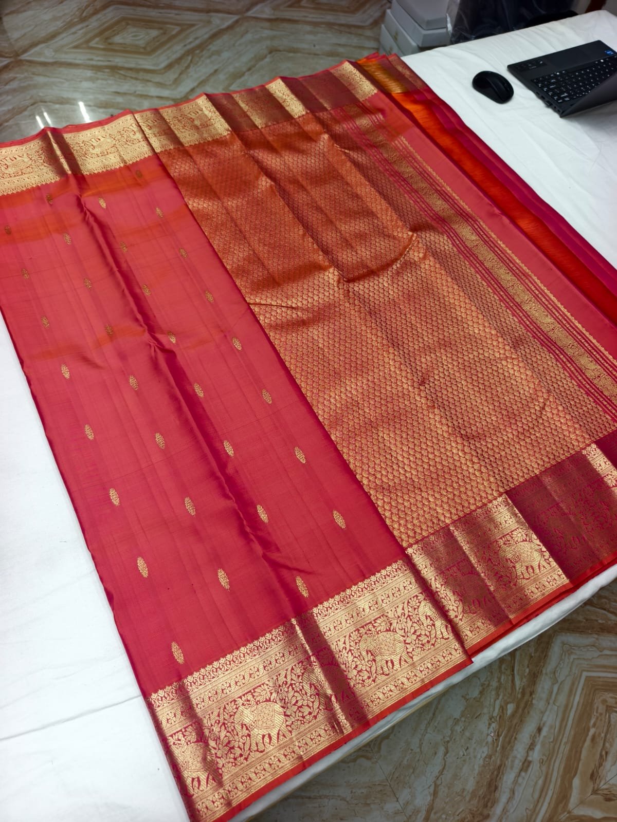Deep Red Handloom Butta Saree - Floral Butta Motifs with Elephant Procession Border - detail view 1