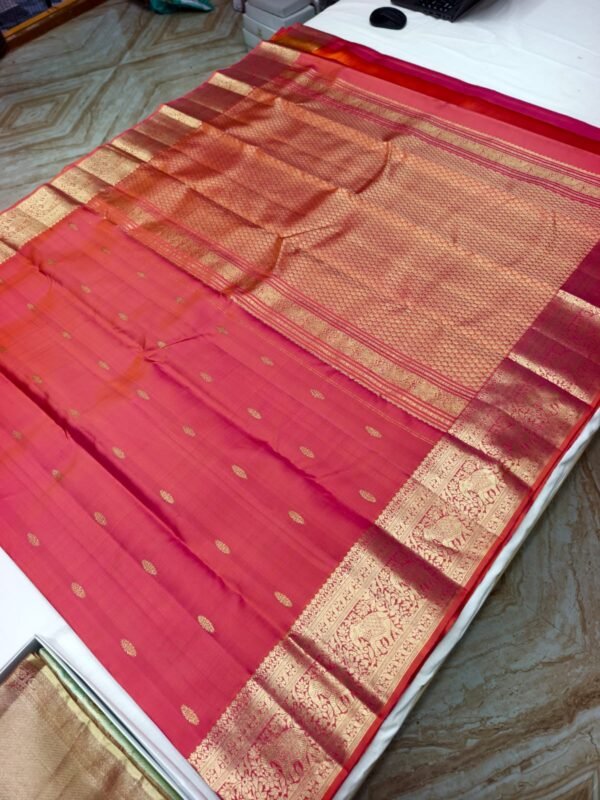 Deep Red Handloom Butta Saree - Floral Butta Motifs with Elephant Procession Border - full view