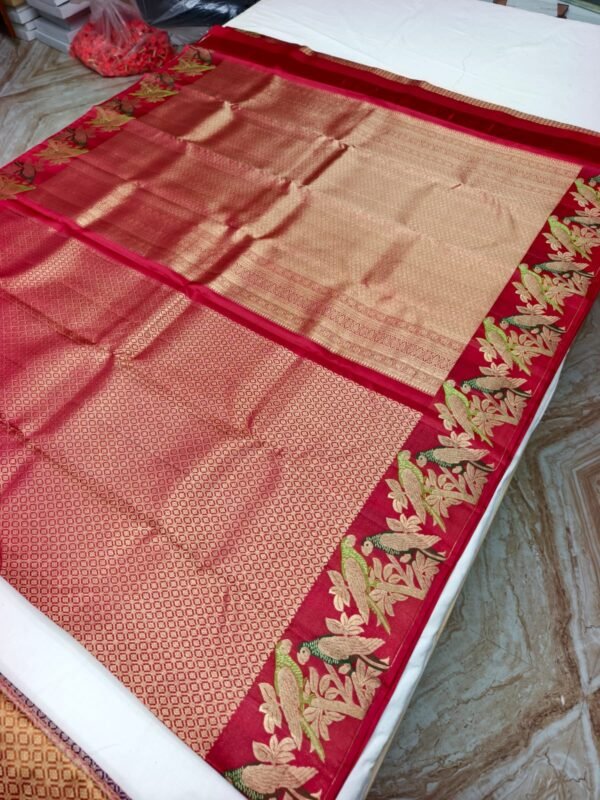 Deep Red Handloom Pure Silk Parrot Design Pattu Saree - Floral & Parrot Motif Pallu - detail view 1