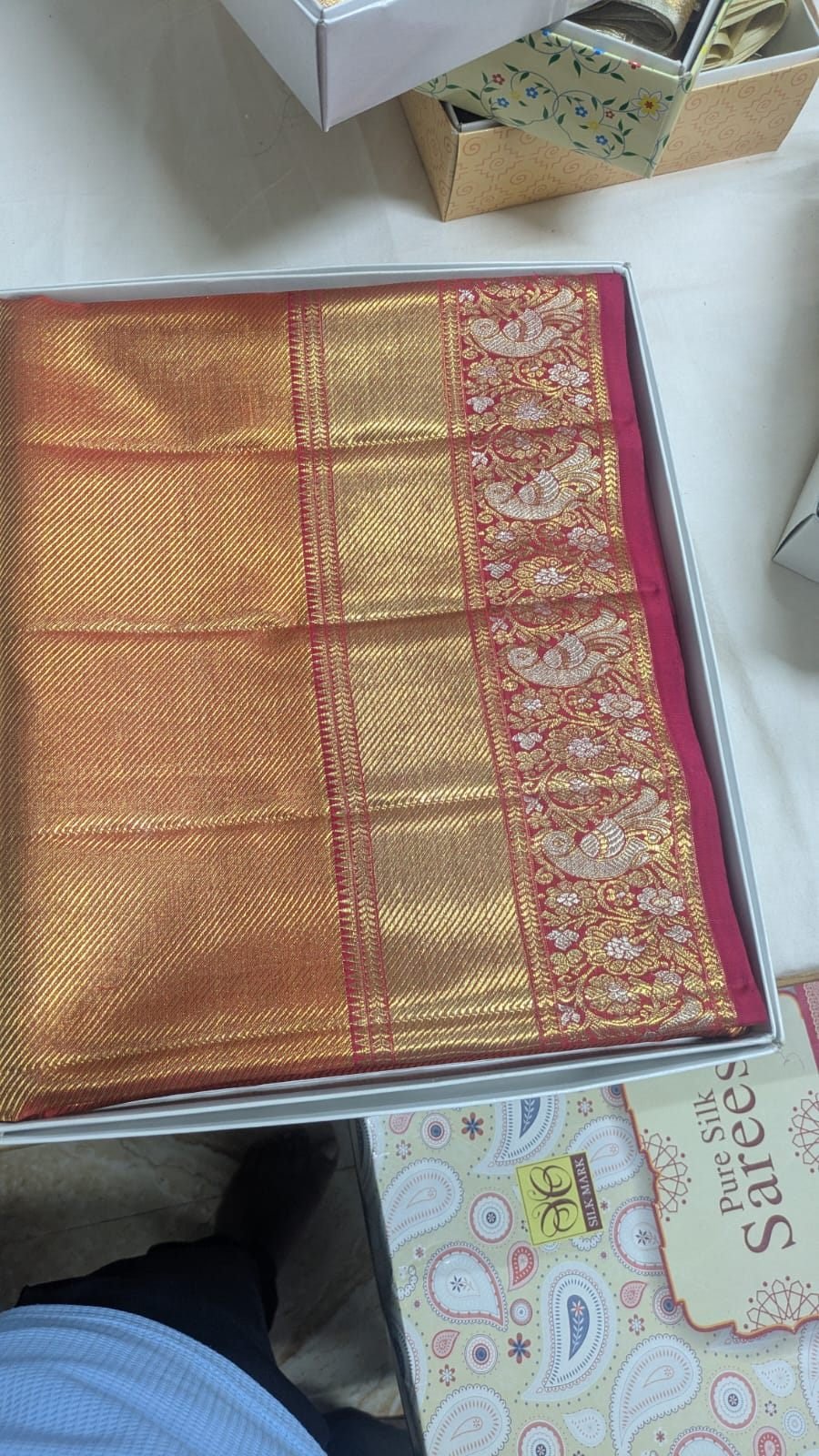 Gold handloom silk saree with maroon bird motif zari border, Silk Mark certified, Ramanji Handlooms Dharmavaram stock