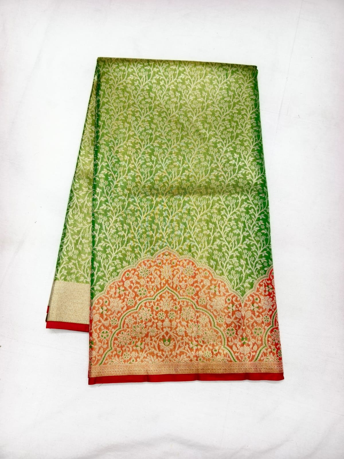 Green Dharmavaram Meenakari Silk Saree with Peach Pallu - full view