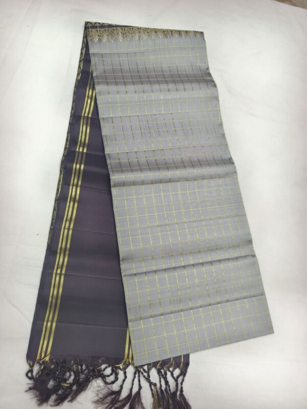 Grey Handloom Soft Silk Saree with Double Warp Weave - Aubergine Zari Pallu - full view