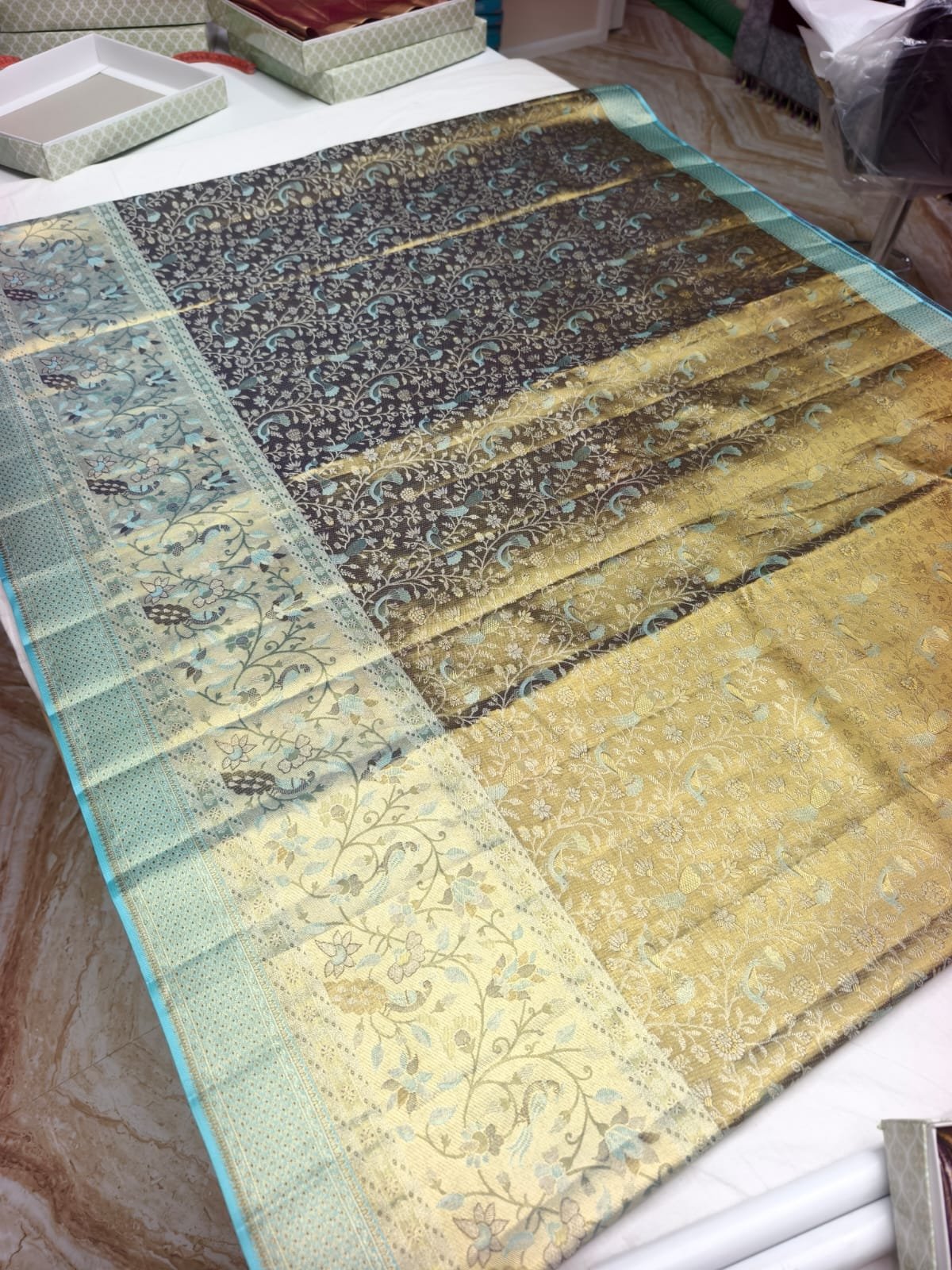 Grey Meenakari Silk Saree with Teal Zari Border - border detail