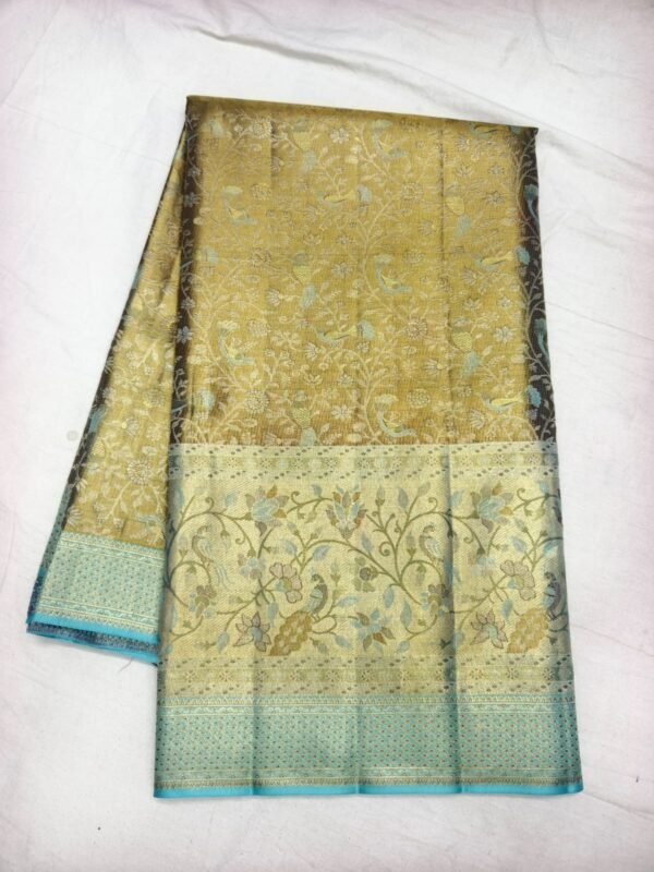 Grey Dharmavaram Meenakari Silk Saree with Teal Zari Border - full view