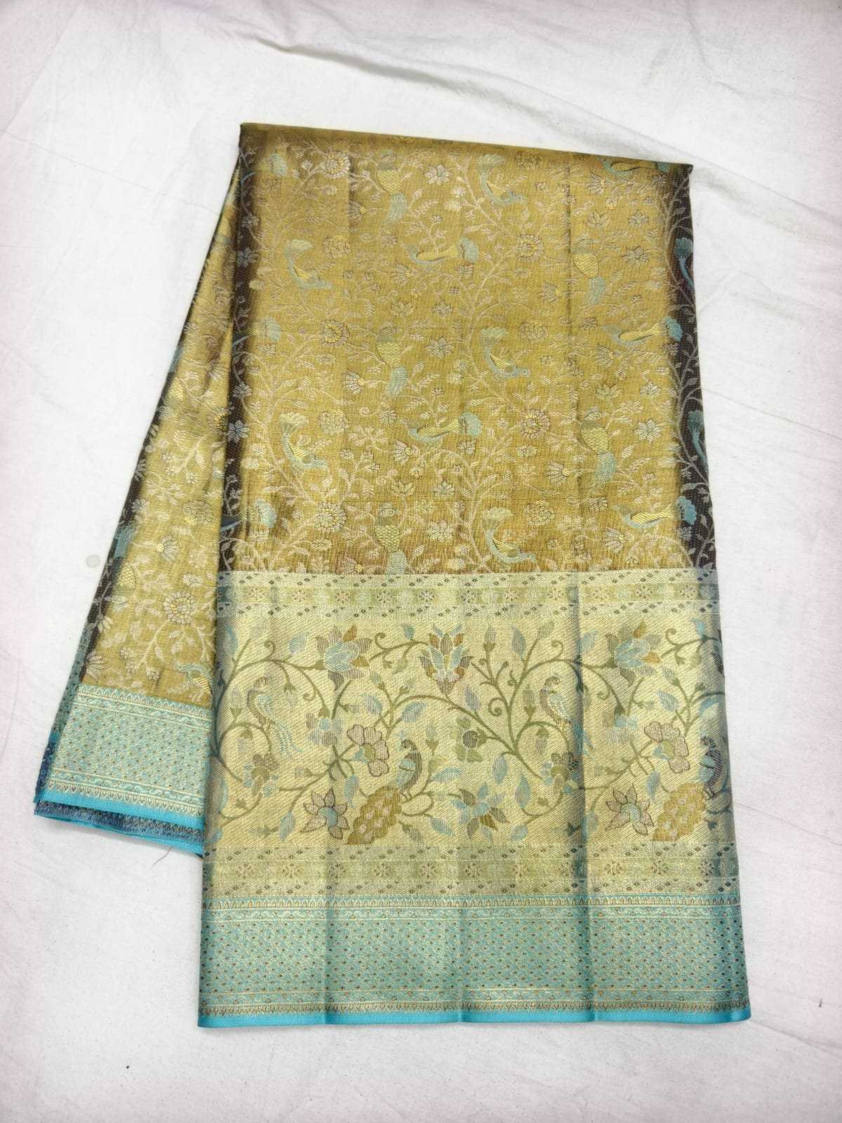 Grey Dharmavaram Meenakari Silk Saree with Teal Zari Border - full view