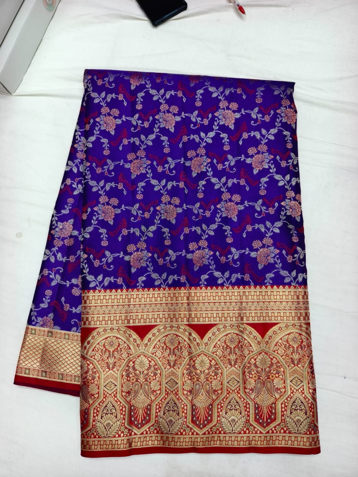 Lavender soft silk wedding saree with gold floral zari weave