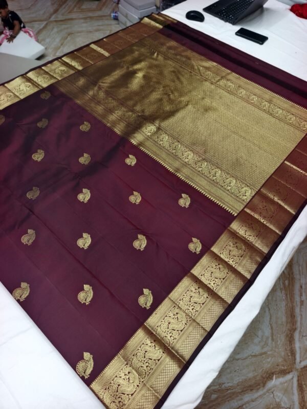 Maroon Handloom Butta Saree - Bird Motif Butta with Floral Peacock Border - full view