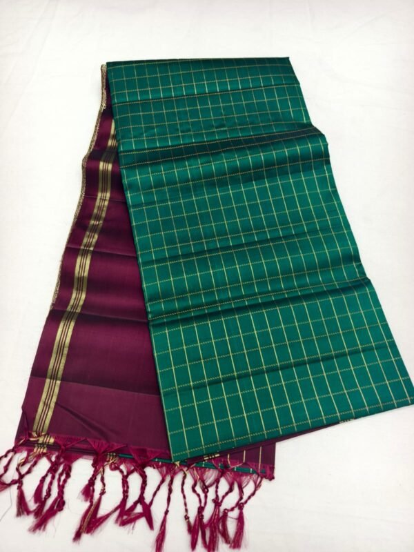 Maroon Handloom Soft Silk Saree with Double Warp Weave - Green Zari Border - full view