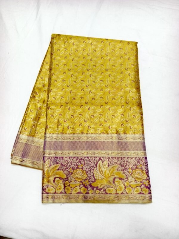 Mustard Gold Dharmavaram Meenakari Pattu Saree with Purple Zari Pallu - full view