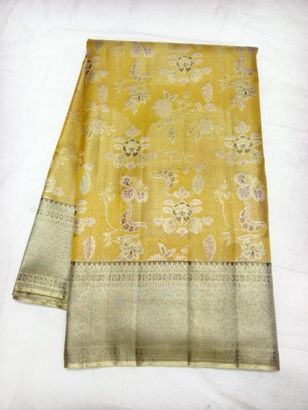 Mustard Gold Dharmavaram Meenakari Silk Saree with Purple Pallu - full view