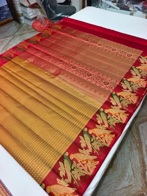 Mustard-Red Ombre Handloom Pure Silk Parrot Design Pattu Saree - Floral & Parrot Motif Pallu - detail view 1