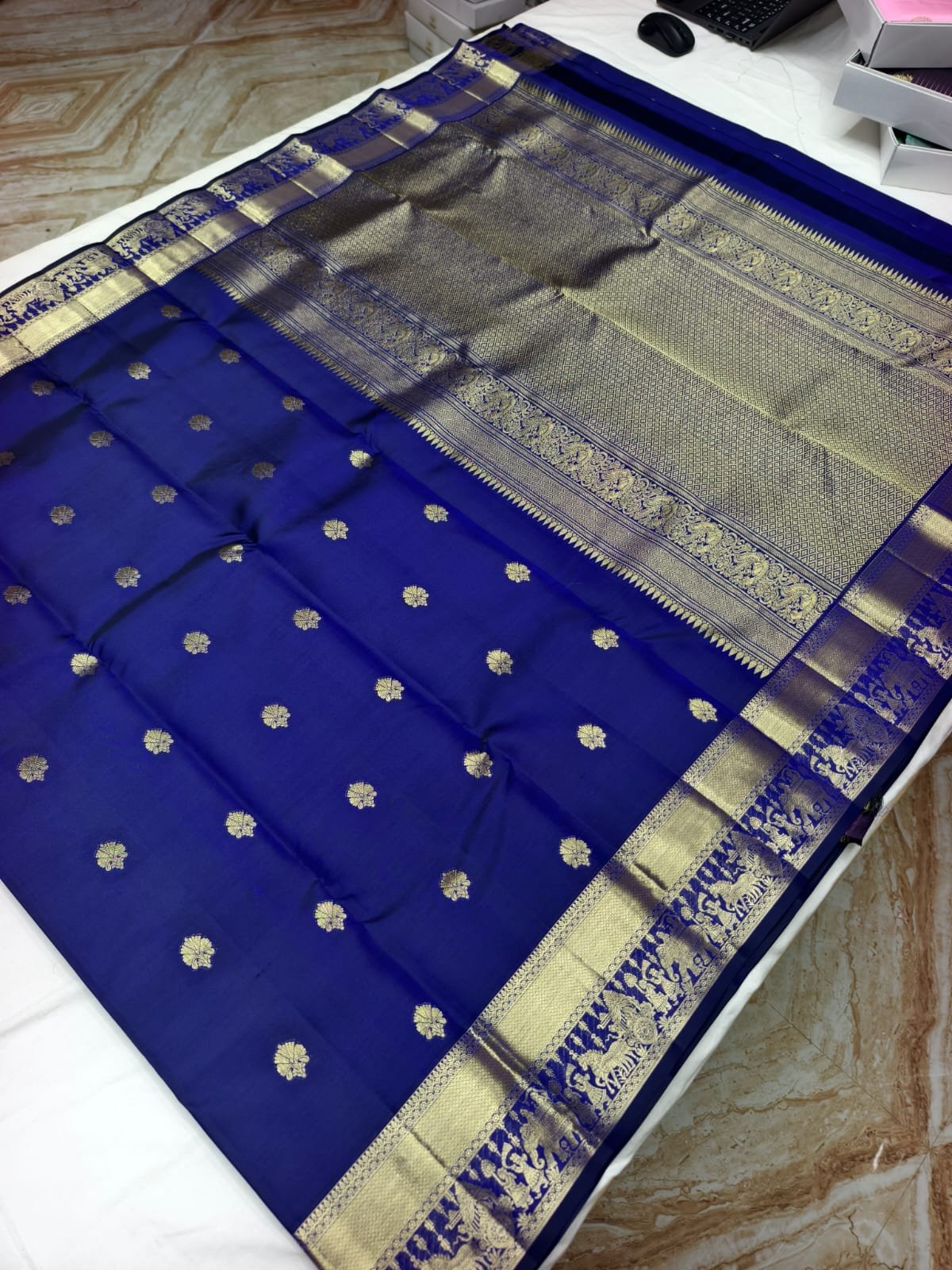 Navy Blue Handloom Butta Saree - Floral Butta Motifs with Elephant Procession Border - detail view 1