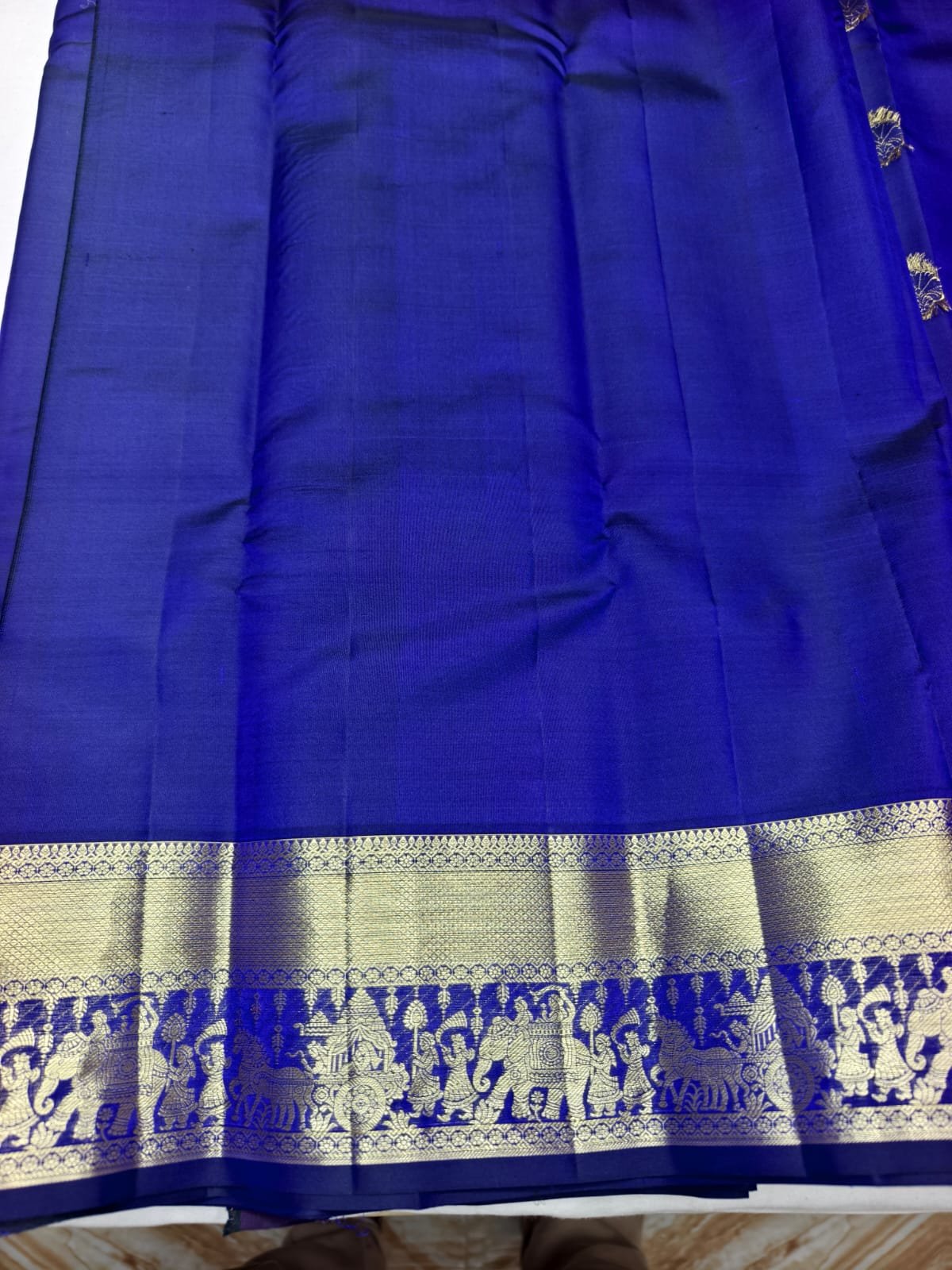 Navy Blue Handloom Butta Saree - Floral Butta Motifs with Elephant Procession Border - detail view 2