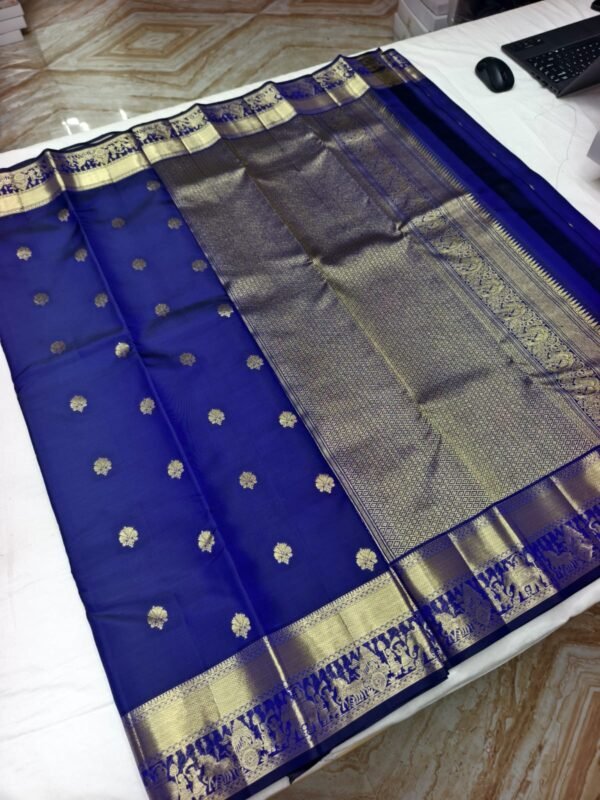 Navy Blue Handloom Butta Saree - Floral Butta Motifs with Elephant Procession Border - full view