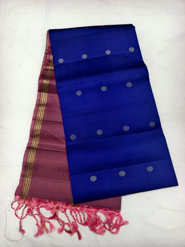 Navy Blue Handloom Soft Silk Saree with Double Warp Weave - Pink Floral Pallu - full view