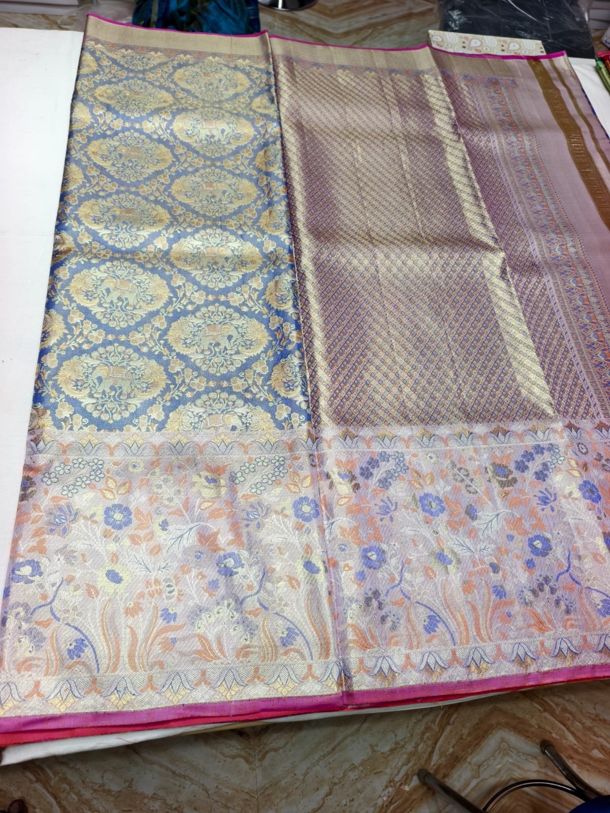 Navy Blue Dharmavaram Meenakari Silk Saree with Floral Pallu - border detail