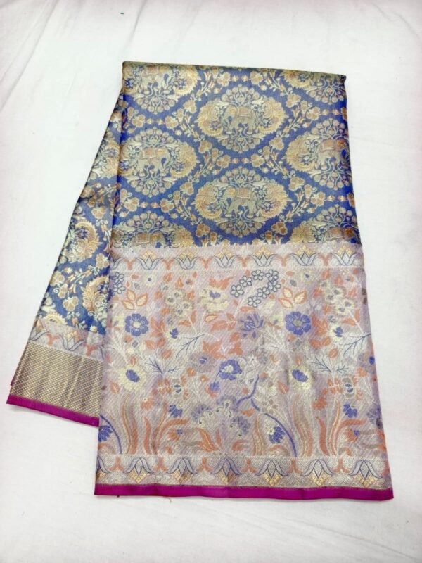 Navy Blue Dharmavaram Meenakari Silk Saree with Floral Pallu - full view