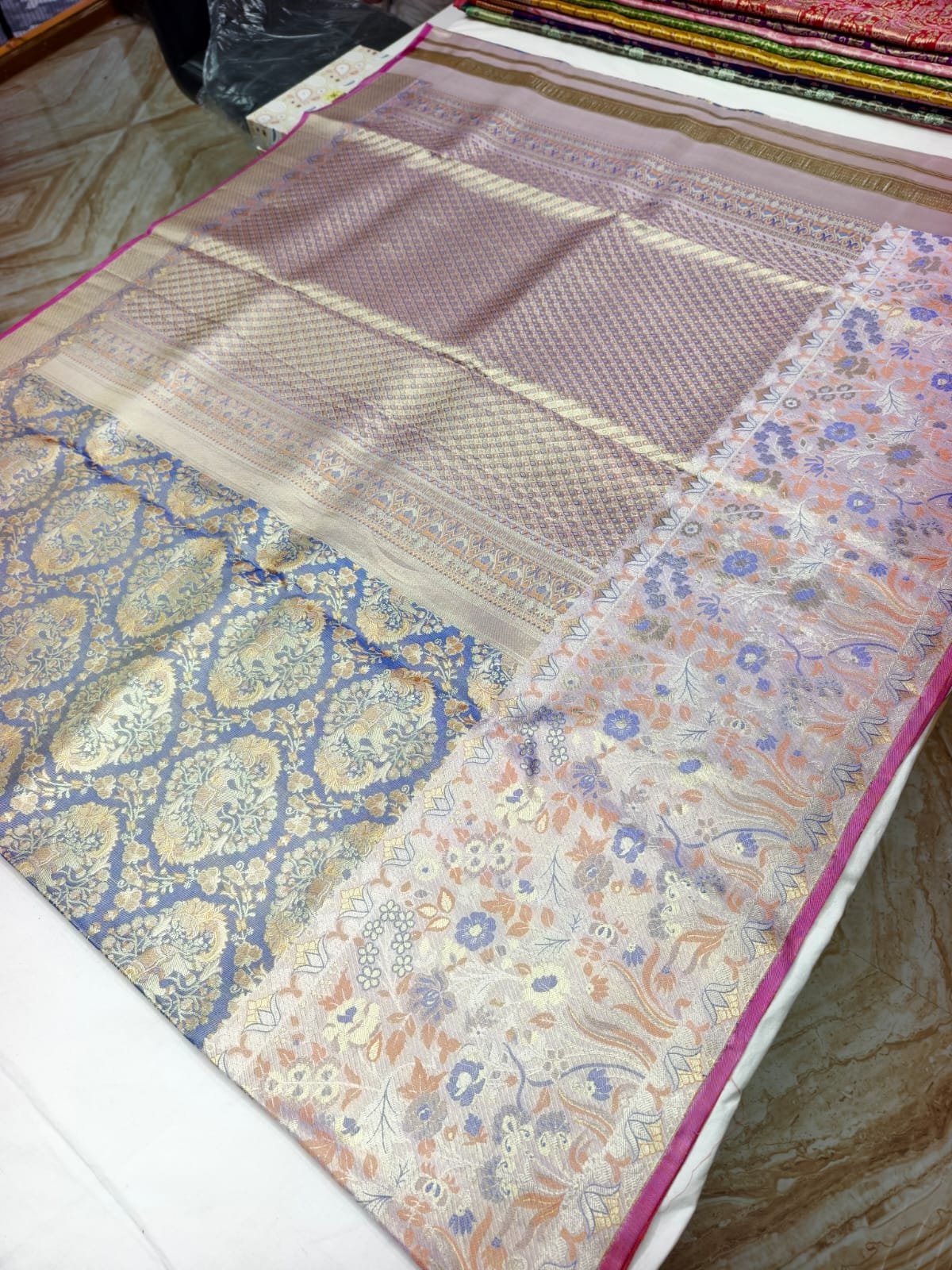 Navy Blue Dharmavaram Meenakari Silk Saree with Floral Pallu - pallu detail