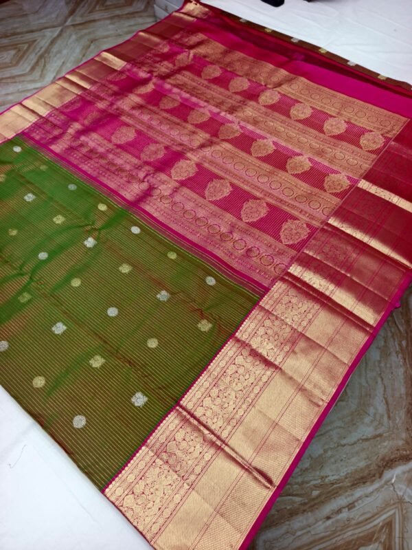 Olive Green & Pink Handloom Butta Saree - Floral Zari Pallu - full view