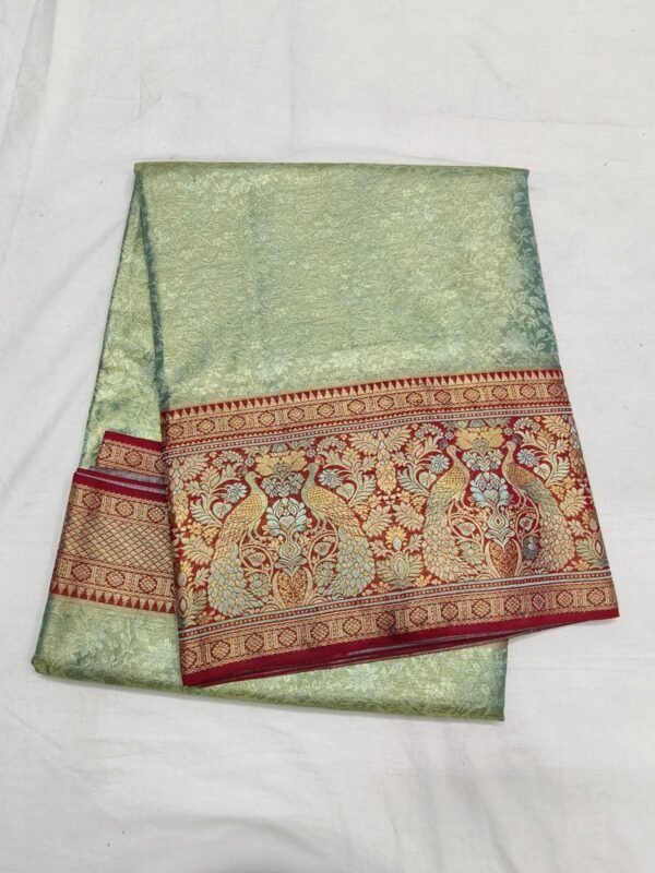 Olive Dharmavaram Meenakari Pattu Saree with Peacock Pallu - full view