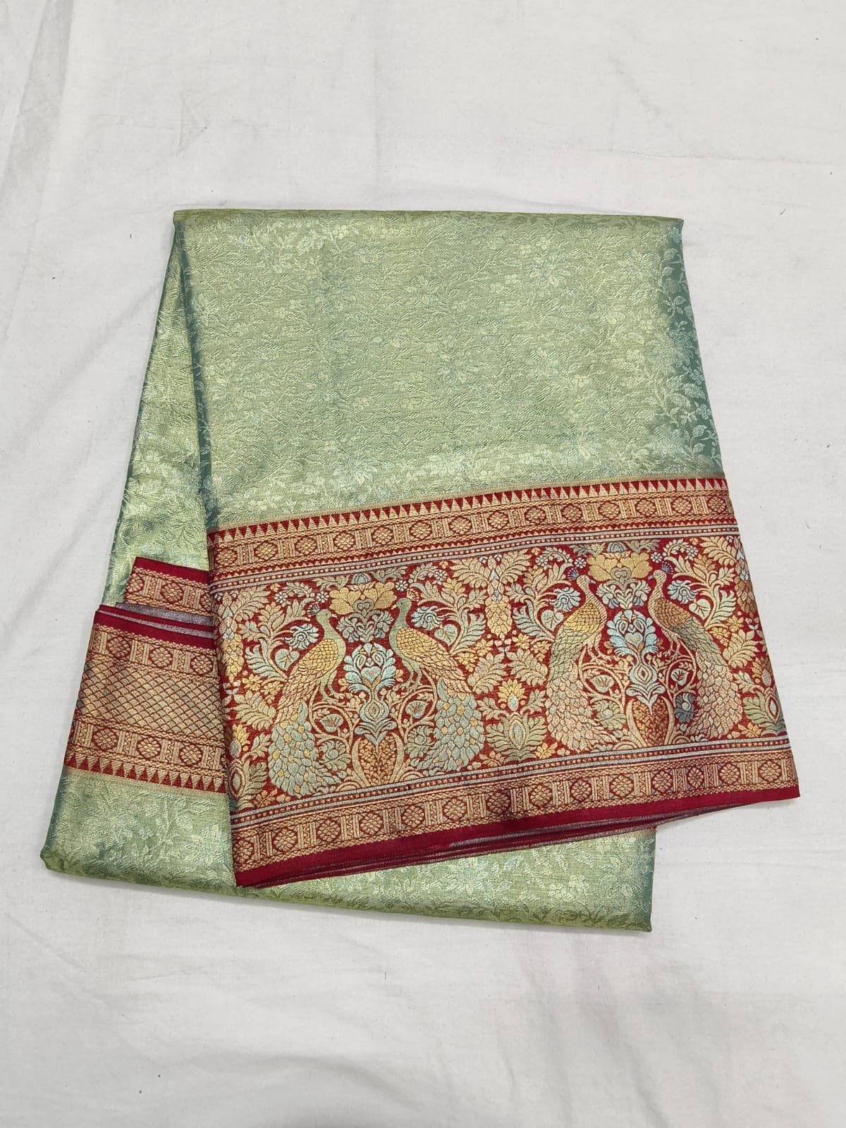 Olive Dharmavaram Meenakari Pattu Saree with Peacock Pallu - full view