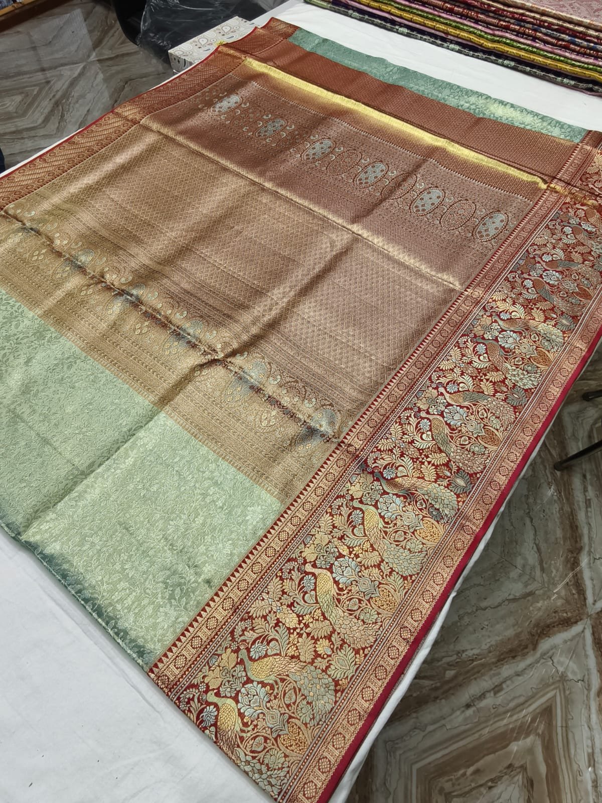 Olive Meenakari Pattu Saree with Peacock Pallu - pallu detail