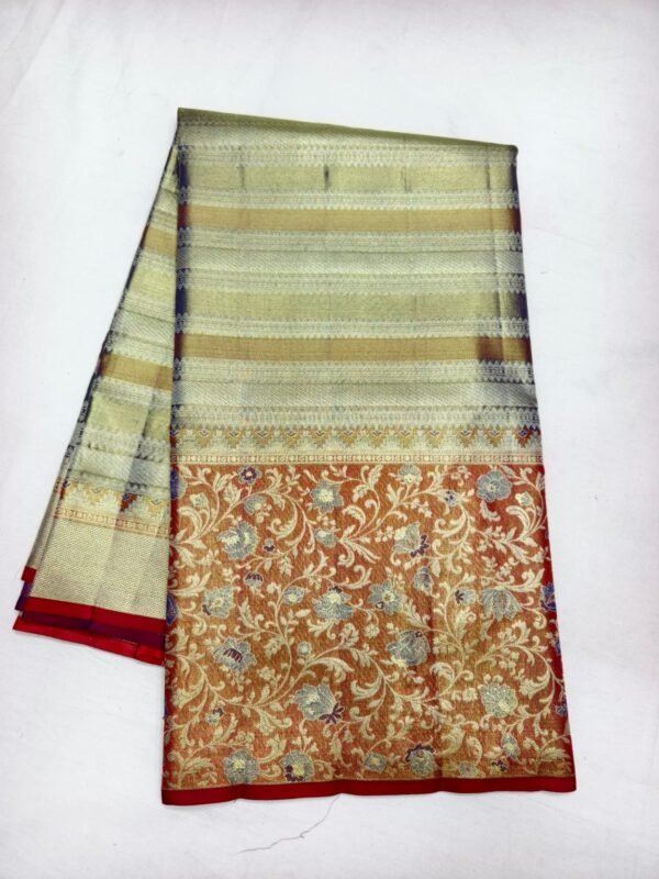 Olive Dharmavaram Meenakari Pattu Saree with Rust Pallu - full view