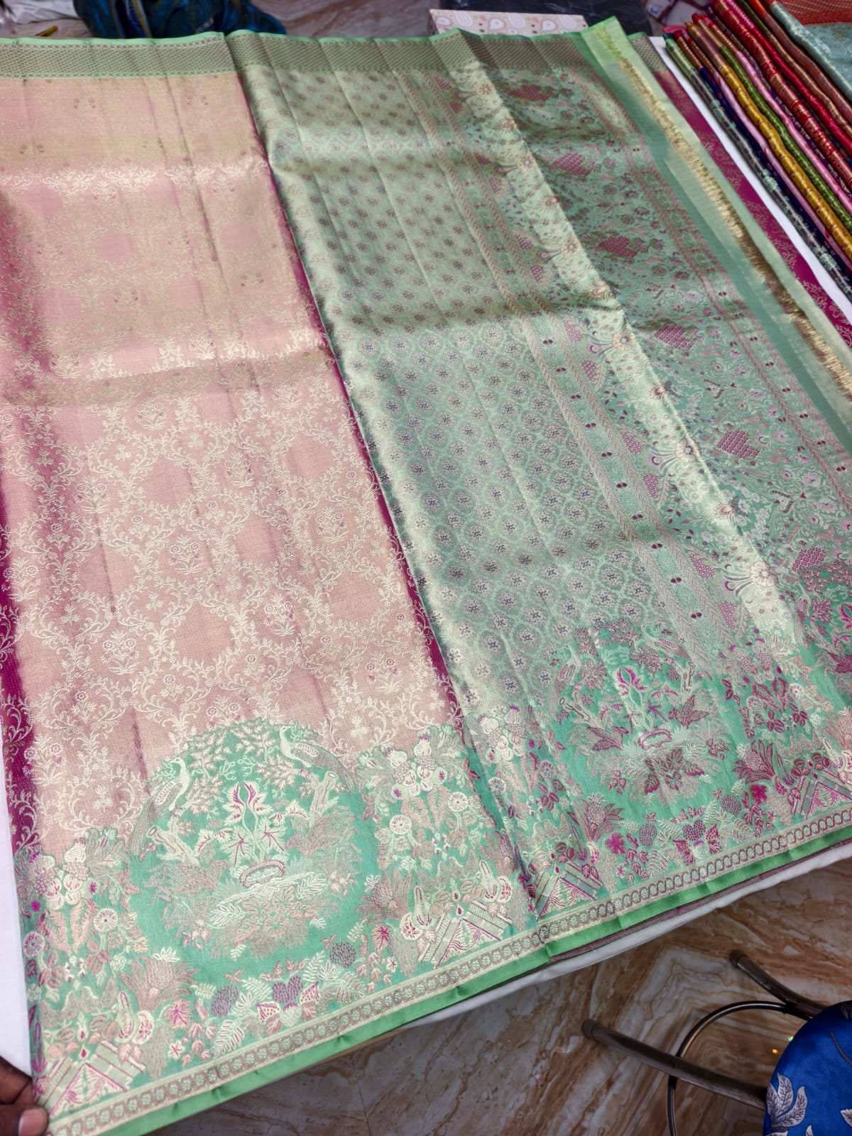 Pink Meenakari Silk Saree with Green Peacock Pallu - border detail