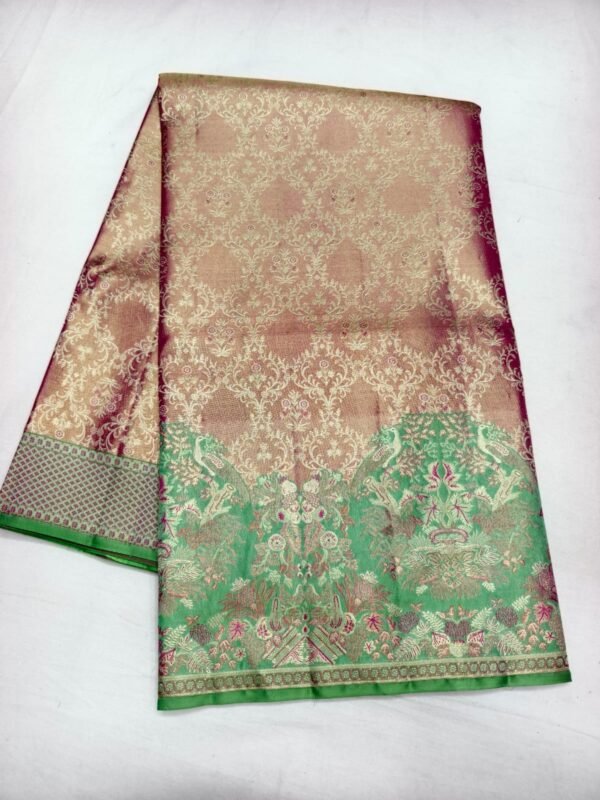 Pink Dharmavaram Meenakari Silk Saree with Green Peacock Pallu - full view