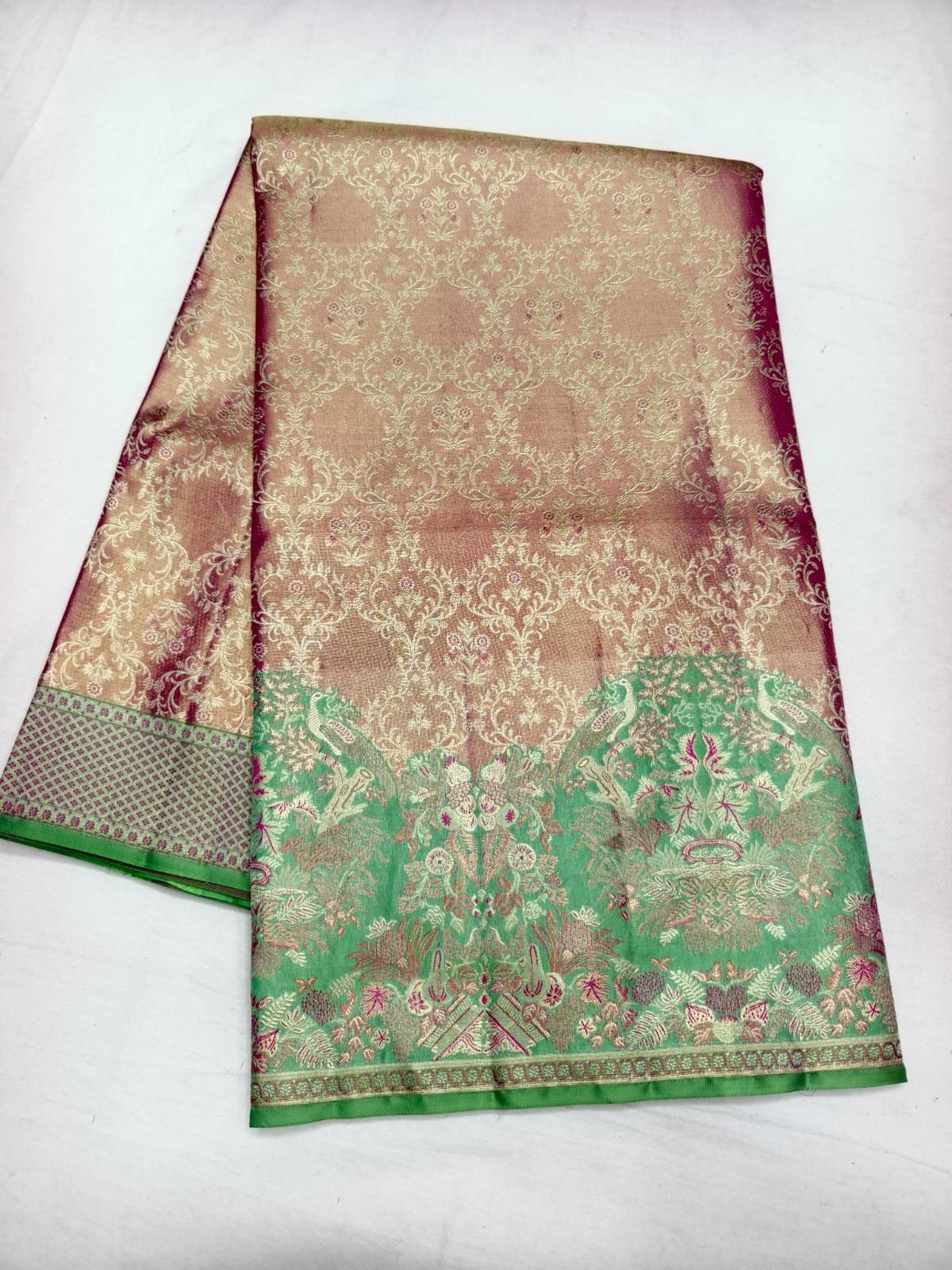 Pink Dharmavaram Meenakari Silk Saree with Green Peacock Pallu - full view