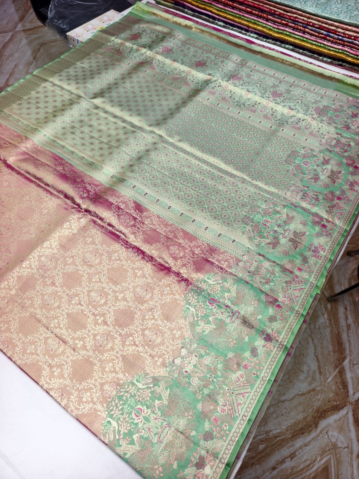 Pink Meenakari Silk Saree with Green Peacock Pallu - pallu detail