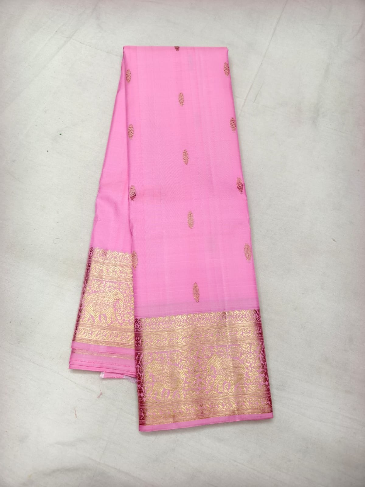Pink Handloom Butta Saree - Floral Butta Motifs with Elephant Procession Border - detail view 3